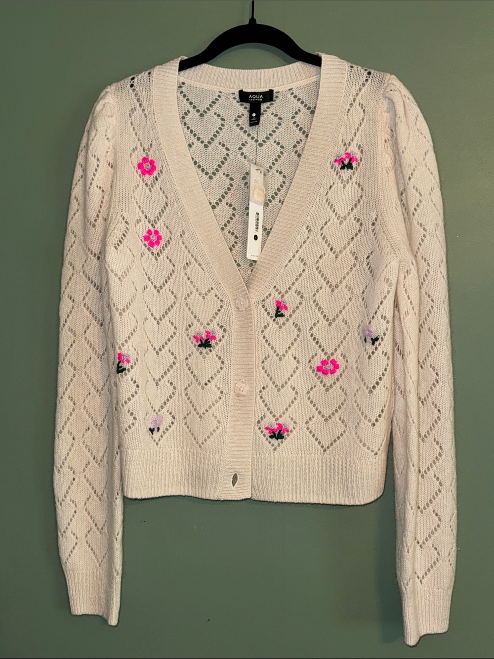 Aqua 100% Cashmere Floral Embroidered Button Down Cardigan Ivory Heart Detail L